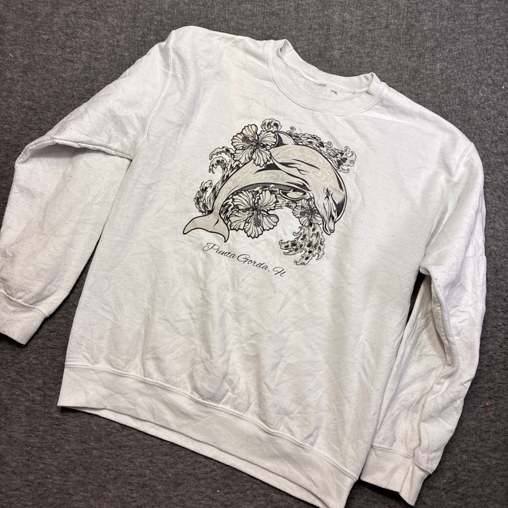 Unbranded Punta Gorda Florida Dolphin Sweatshirt Women Large White Graphic